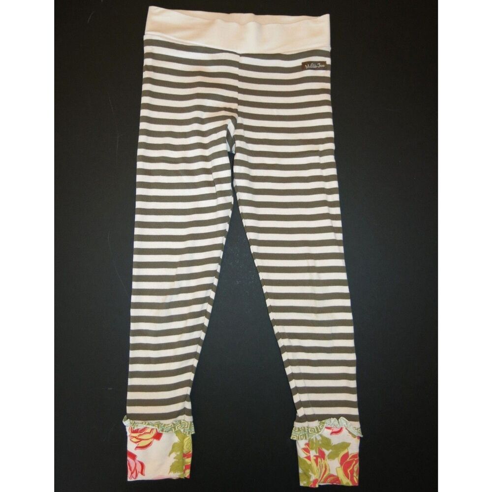 Matilda Jane girls Serendipity salt & pepper striped olive leggings pant 8 10 12